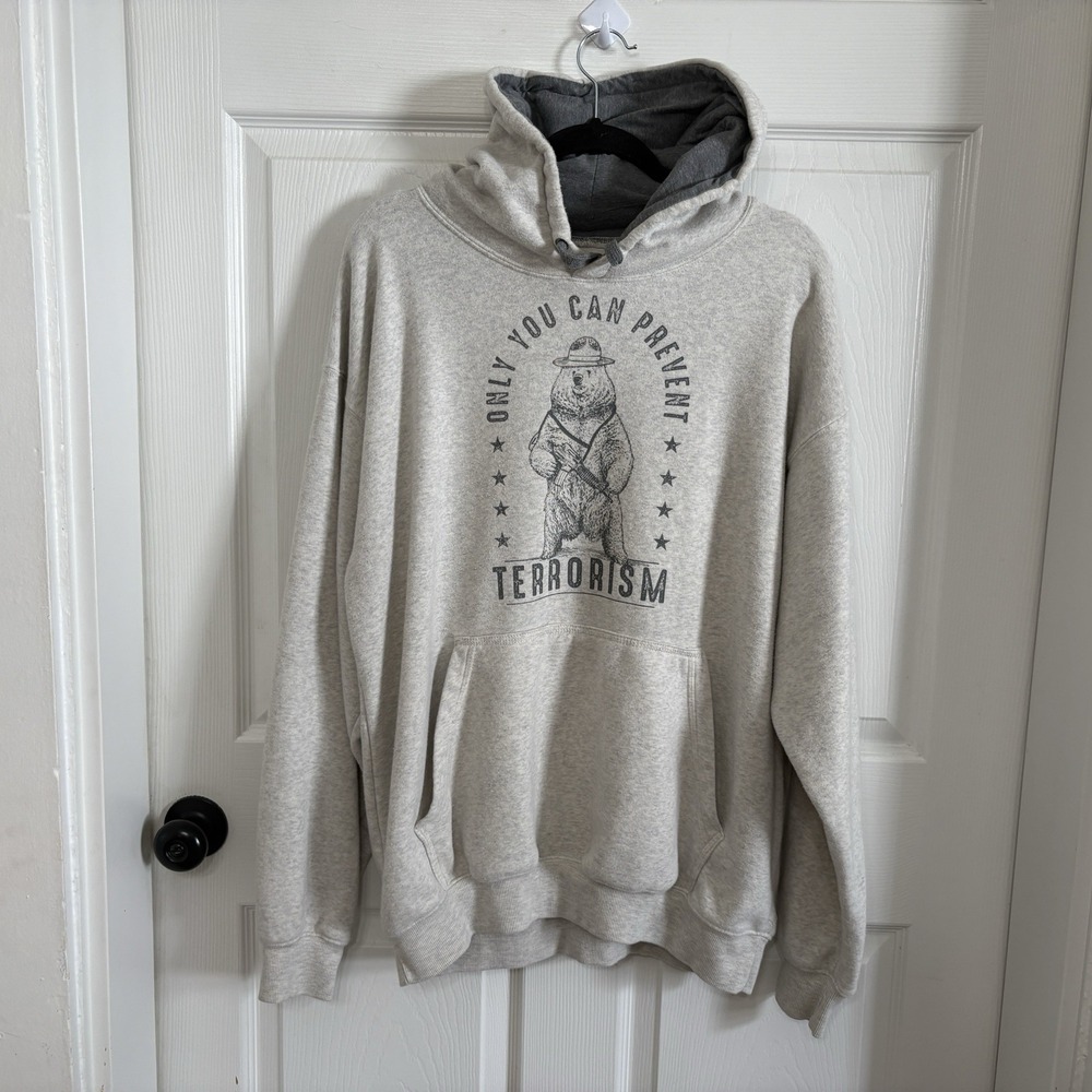 Novelty Hoodie Sweatshirt Med Only You Can Prevent Terrorism Gray Bear Graphic